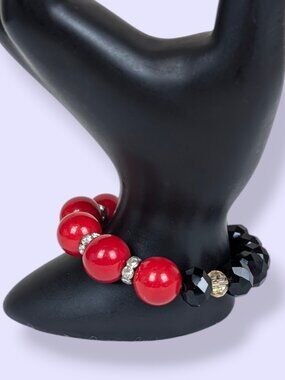 Red & Black Beaded Crystal Accent Stretch Bracelet